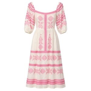 Boho Cottagecore Embroidered Linen Midi Dress Womens Large Meadowcore Springcore